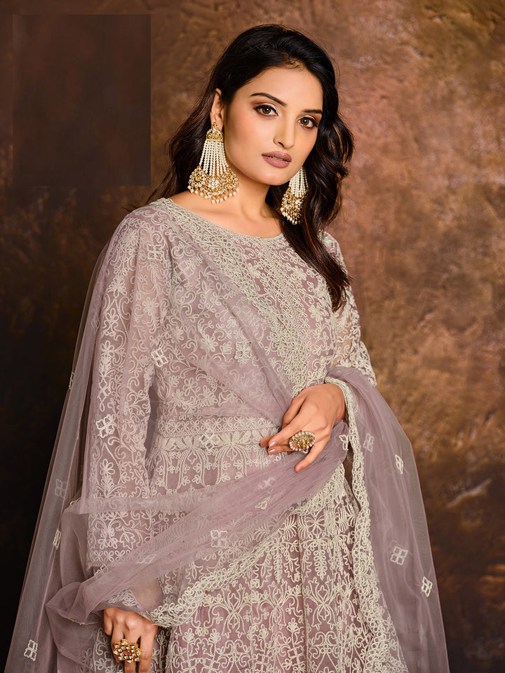 Lilac Embroidered Net Semi Stitched Kurta With Chudidar Salwar &amp; Dupatta