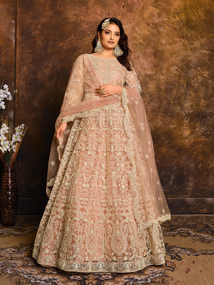 Peach Embroidered Net Semi Stitched Kurta With Chudidar Salwar &amp; Dupatta