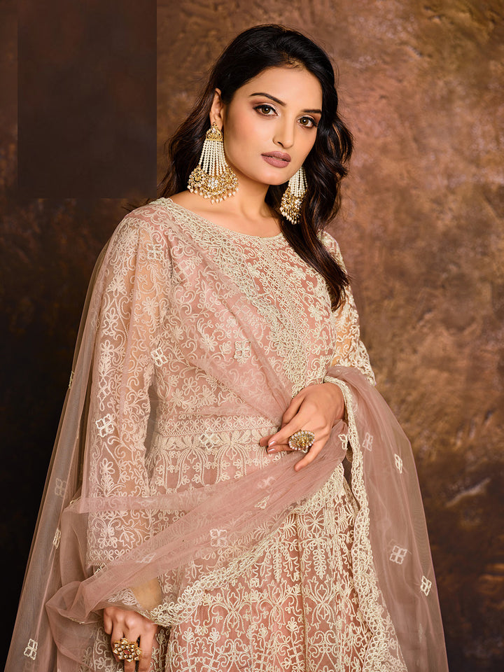 Peach Embroidered Net Semi Stitched Kurta With Chudidar Salwar &amp; Dupatta