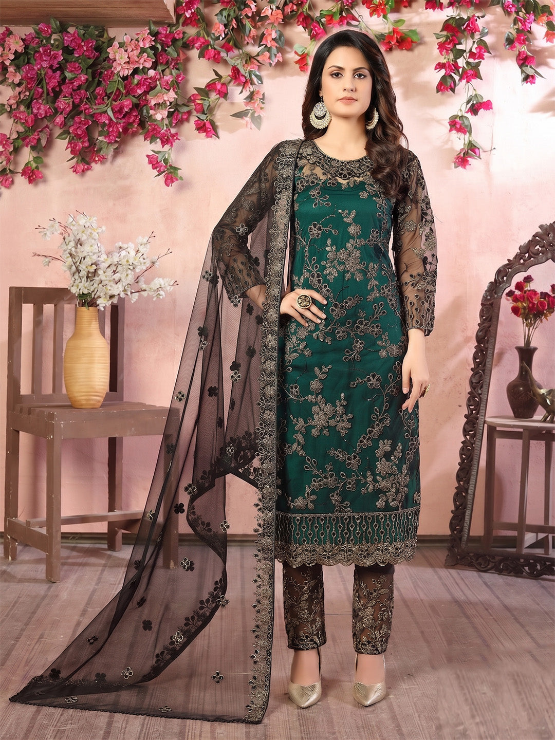 Green Embroidered Net Semi Stitched Kurta With Pant &amp; Dupatta