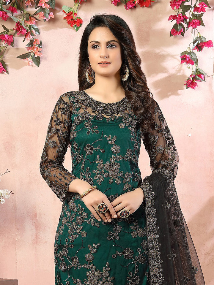 Green Embroidered Net Semi Stitched Kurta With Pant &amp; Dupatta