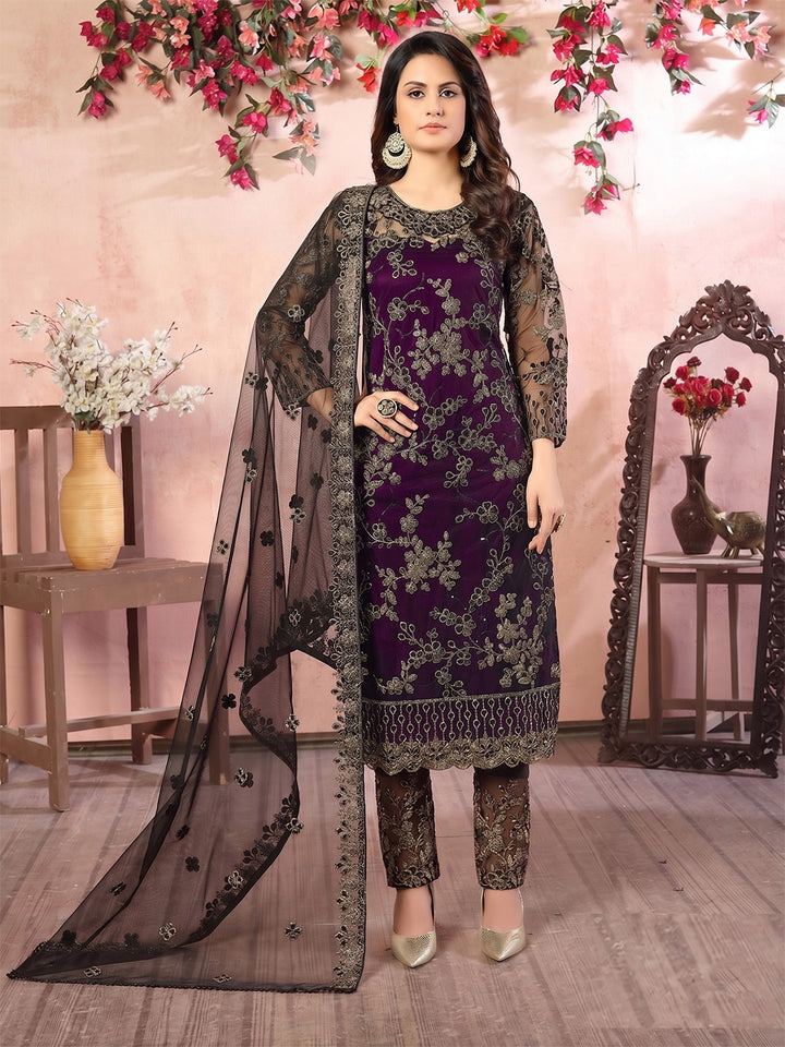 Purple Embroidered Net Semi Stitched Kurta With Pant &amp; Dupatta