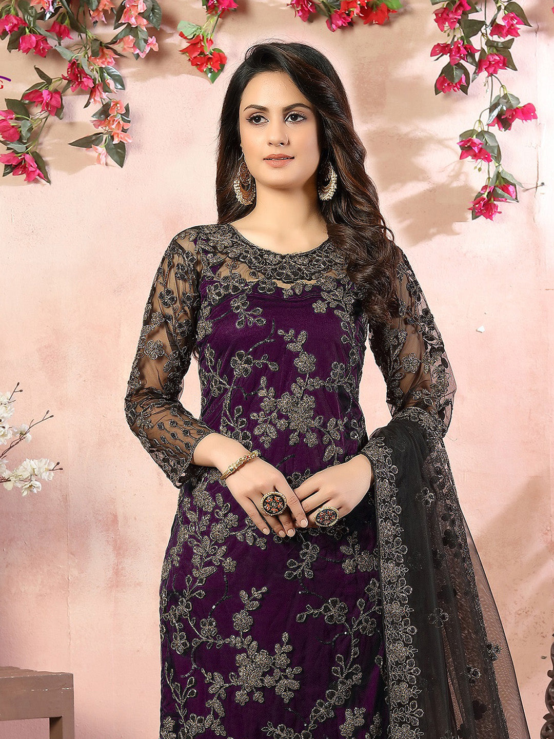 Purple Embroidered Net Semi Stitched Kurta With Pant &amp; Dupatta