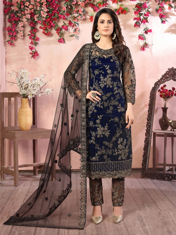 Blue Embroidered Net Semi Stitched Kurta With Pant &amp; Dupatta