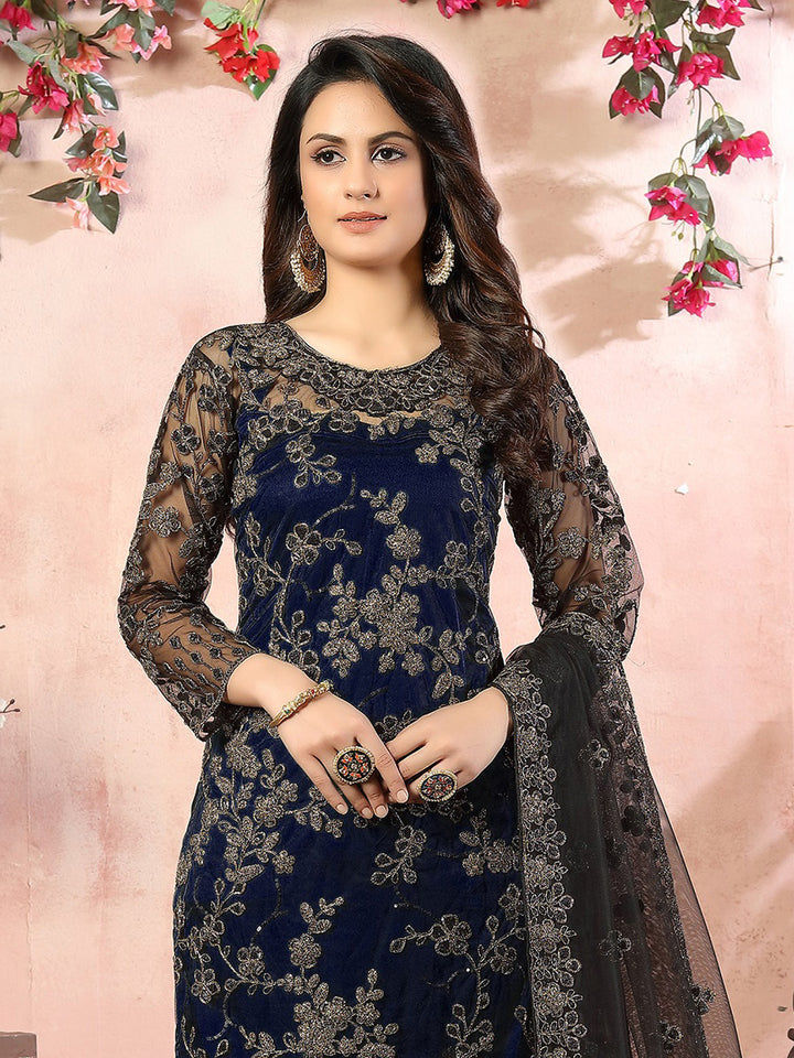 Blue Embroidered Net Semi Stitched Kurta With Pant &amp; Dupatta
