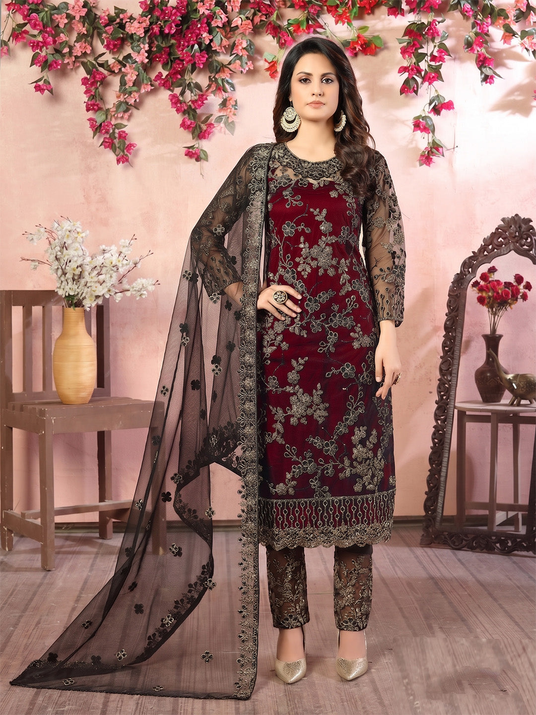 Maroon Embroidered Net Semi Stitched Kurta With Pant &amp; Dupatta