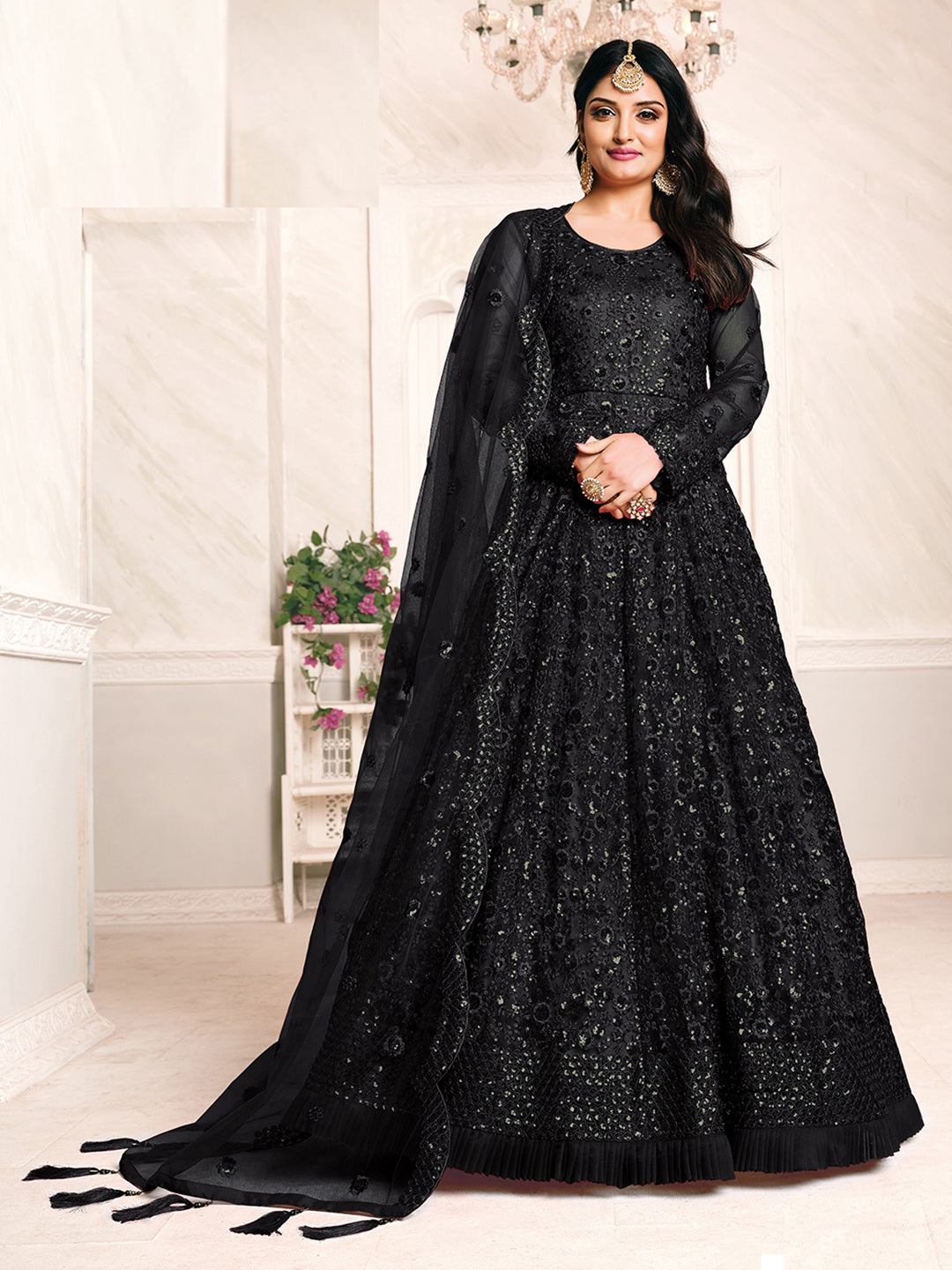 Black Embroidered Net Semi Stitched Kurta With Chudidar Salwar &amp; Dupatta