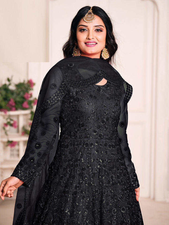 Black Embroidered Net Semi Stitched Kurta With Chudidar Salwar &amp; Dupatta
