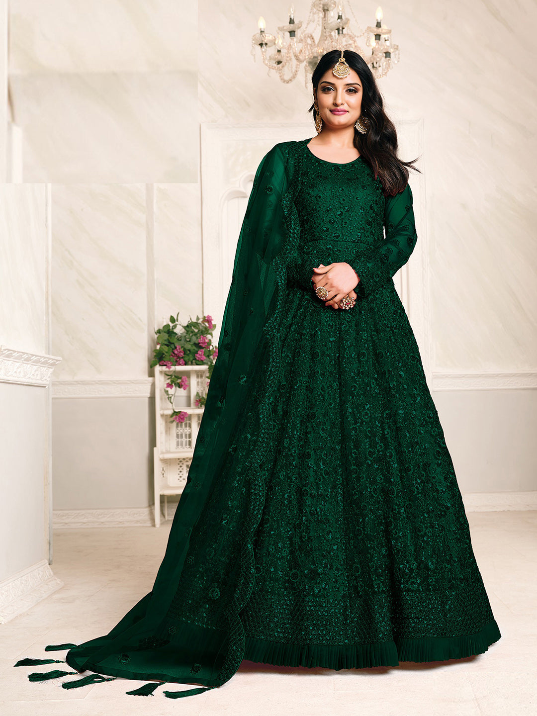 Green Embroidered Net Semi Stitched Kurta With Chudidar Salwar &amp; Dupatta