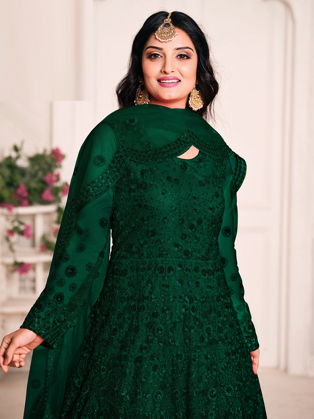 Green Embroidered Net Semi Stitched Kurta With Chudidar Salwar &amp; Dupatta