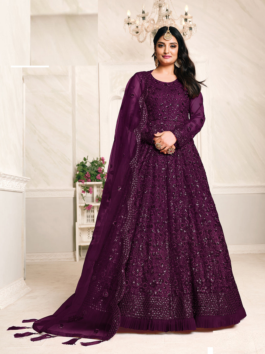 Purple Embroidered Net Semi Stitched Kurta With Chudidar Salwar &amp; Dupatta