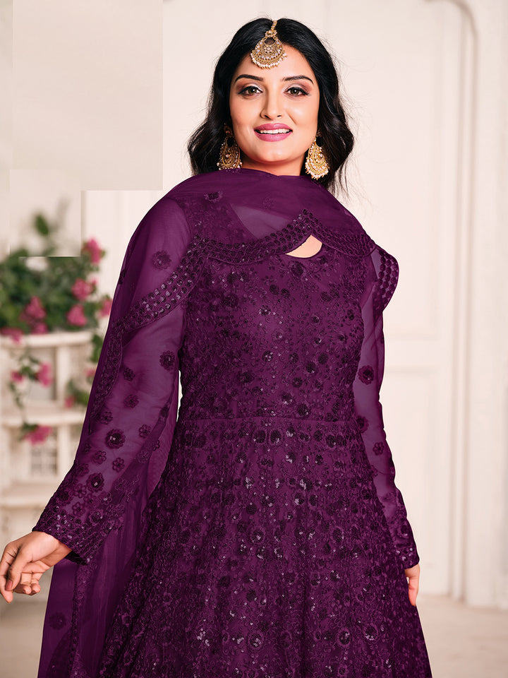 Purple Embroidered Net Semi Stitched Kurta With Chudidar Salwar &amp; Dupatta