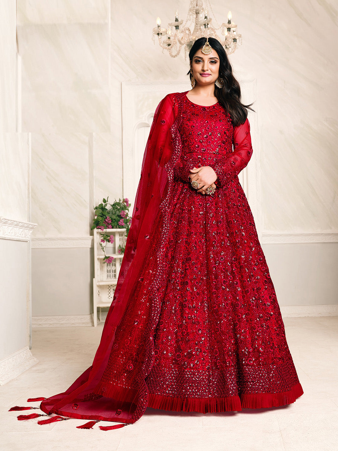 Red Embroidered Net Semi Stitched Kurta With Chudidar Salwar &amp; Dupatta