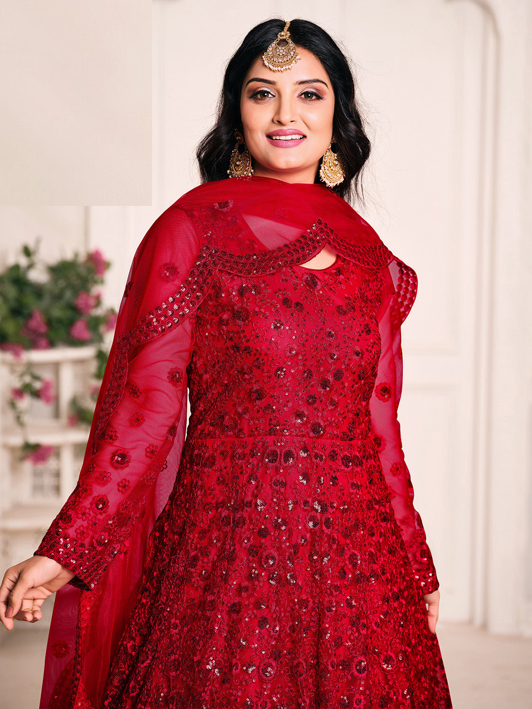 Red Embroidered Net Semi Stitched Kurta With Chudidar Salwar &amp; Dupatta