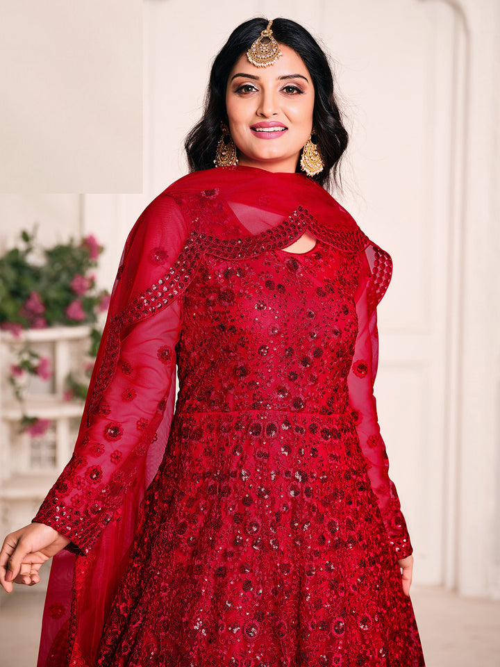 Red Embroidered Net Semi Stitched Kurta With Chudidar Salwar &amp; Dupatta