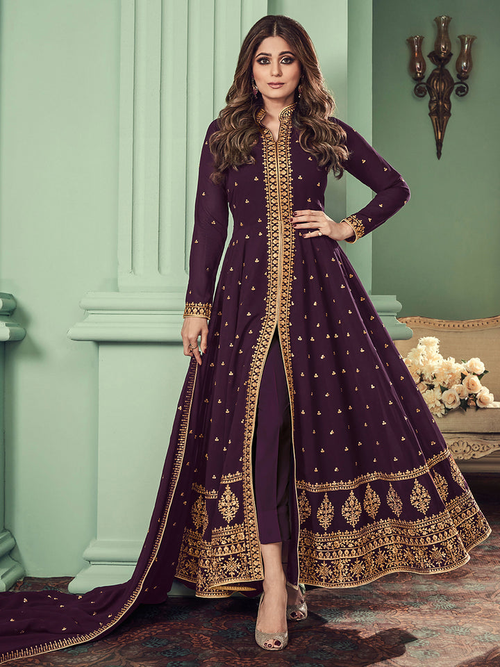Peach Georgette Embroidered Semi Stitched Anarkali Churidar &amp; Dupatta