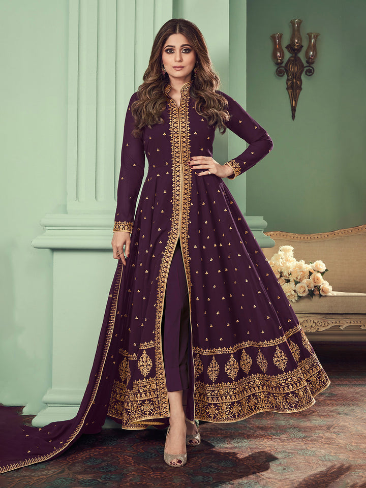 Wine Embroidered Georgette Semi Stitched Kurta Pant &amp; Dupatta