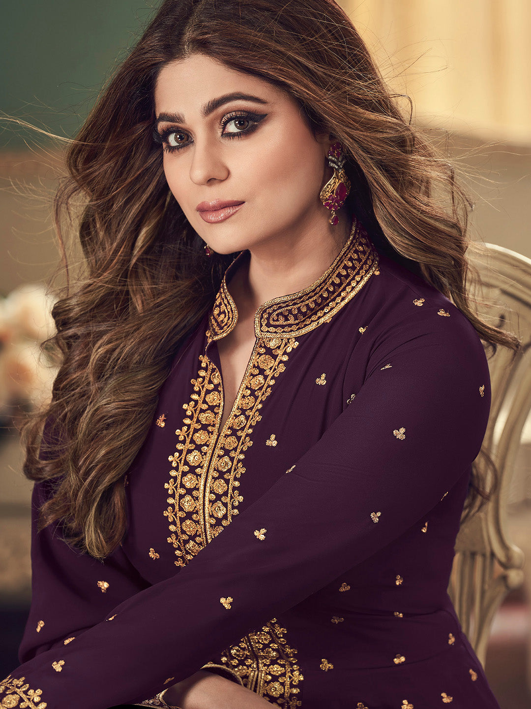Wine Embroidered Georgette Semi Stitched Kurta Pant &amp; Dupatta