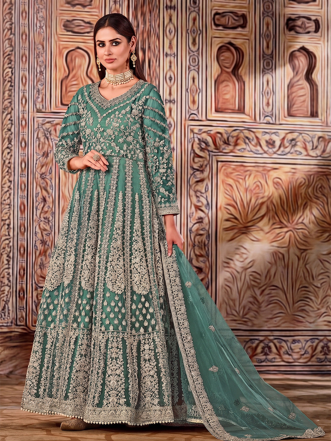 Green Embroidered Net Semi Stitched Kurta With Chudidar Salwar &amp; Dupatta