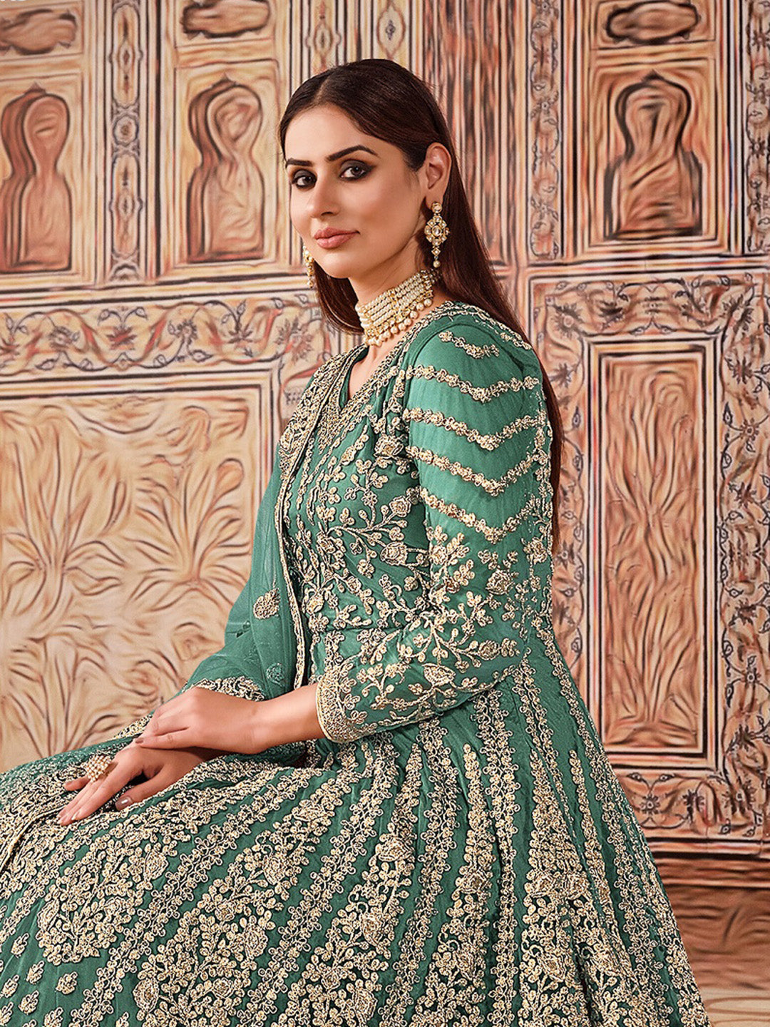Green Embroidered Net Semi Stitched Kurta With Chudidar Salwar &amp; Dupatta