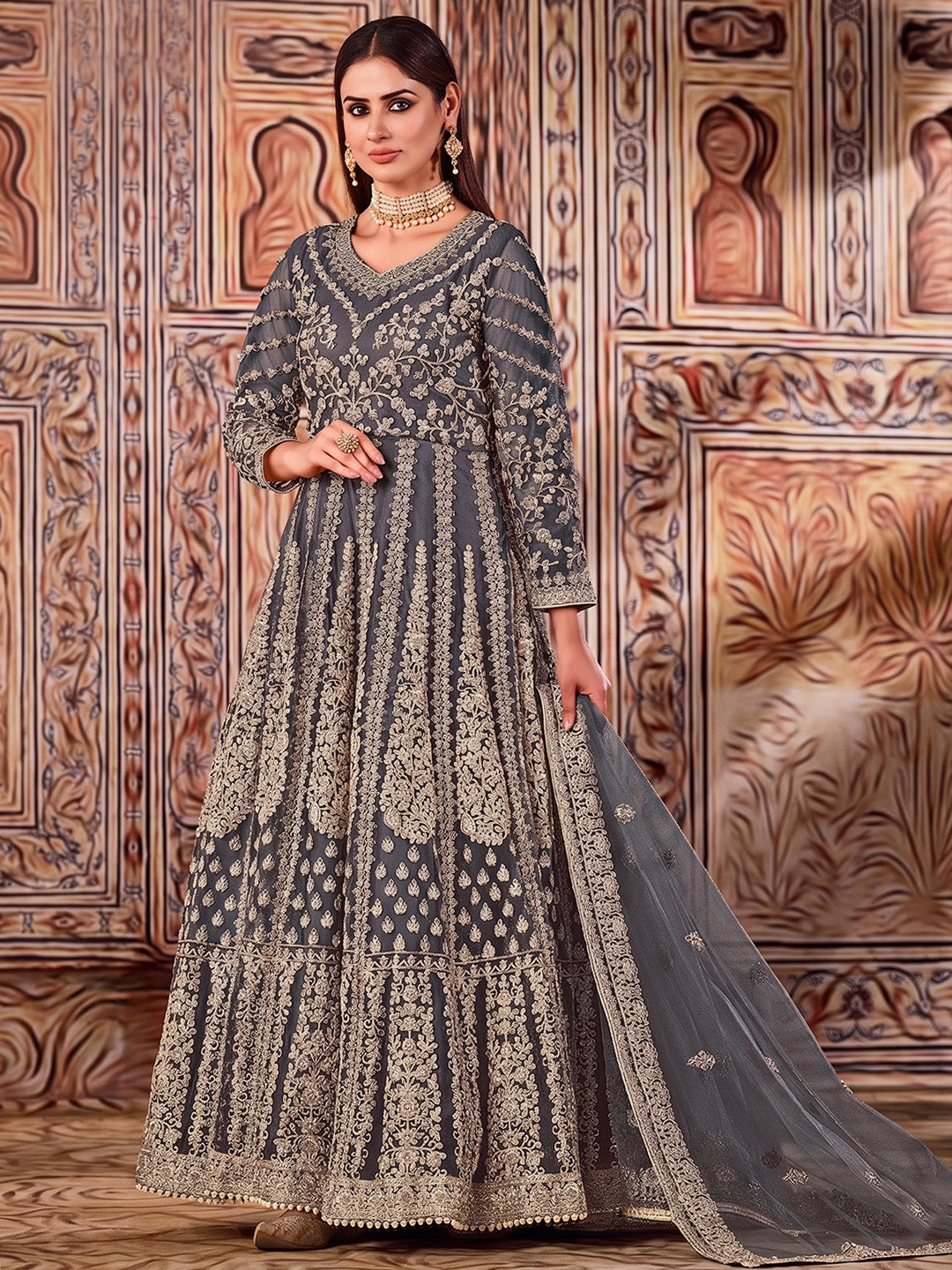 Grey Embroidered Net Semi Stitched Kurta With Chudidar Salwar &amp; Dupatta