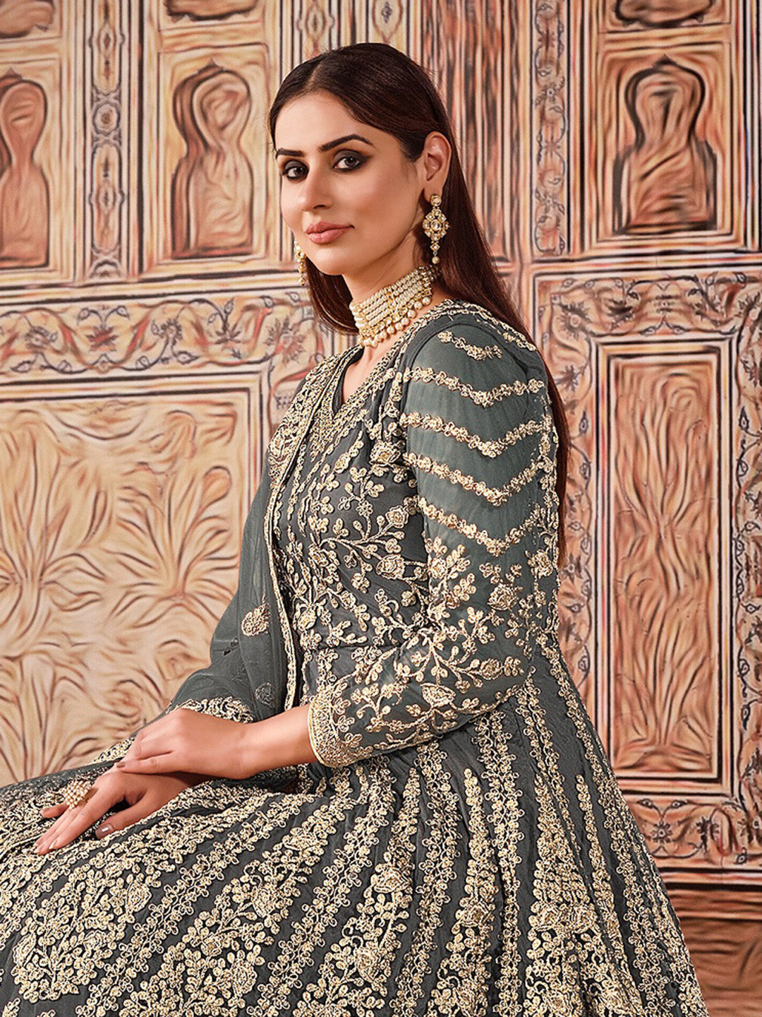 Grey Embroidered Net Semi Stitched Kurta With Chudidar Salwar &amp; Dupatta
