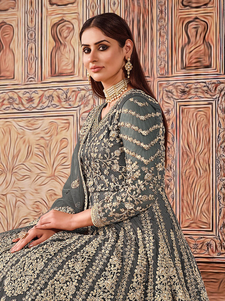 Grey Embroidered Net Semi Stitched Kurta With Chudidar Salwar &amp; Dupatta