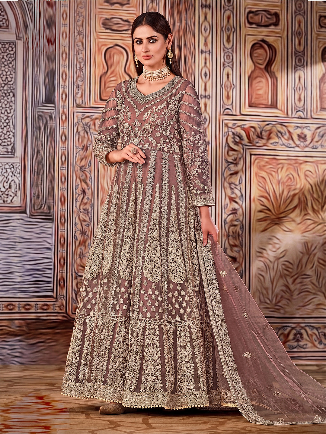 Brown Embroidered Net Semi Stitched Kurta With Chudidar Salwar &amp; Dupatta