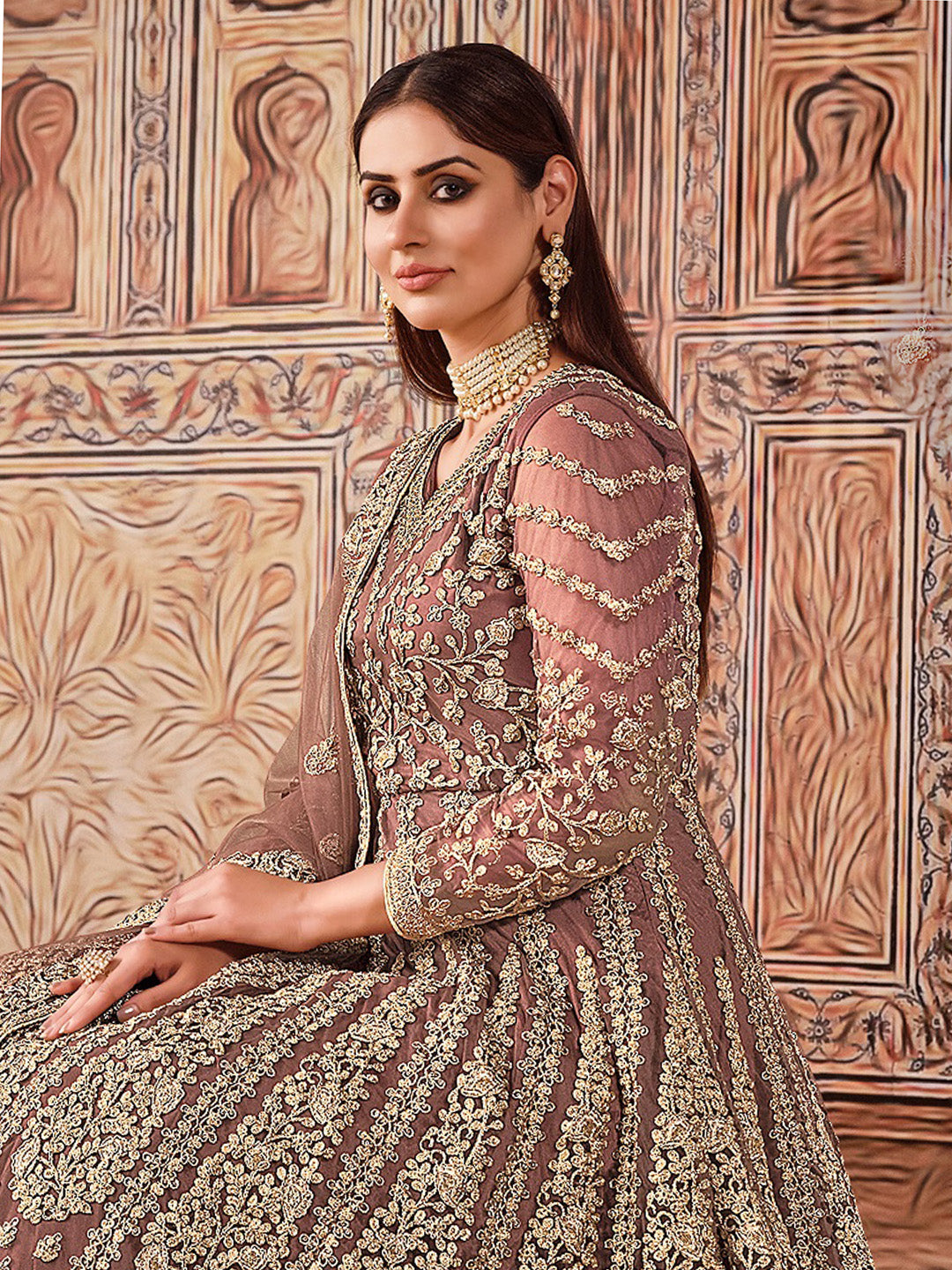 Brown Embroidered Net Semi Stitched Kurta With Chudidar Salwar &amp; Dupatta