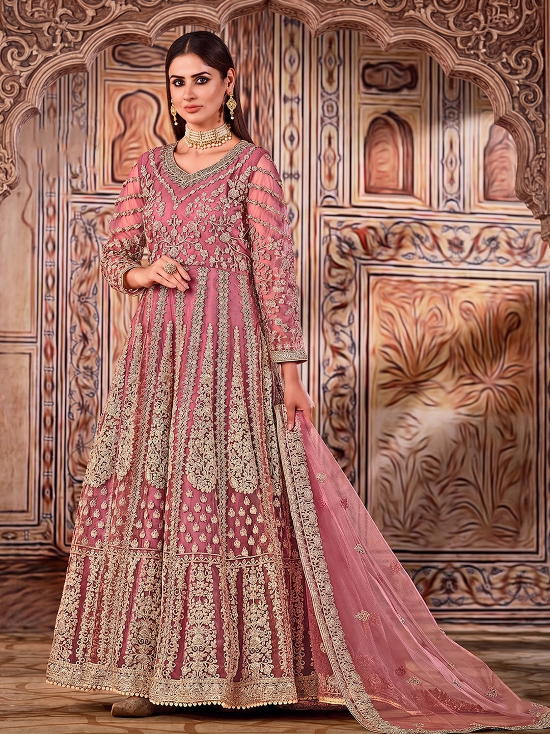 Pink Embroidered Net Semi Stitched Kurta With Chudidar Salwar &amp; Dupatta