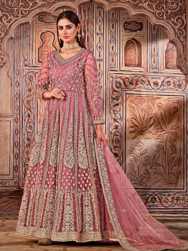 Pink Embroidered Net Semi Stitched Kurta With Chudidar Salwar &amp; Dupatta