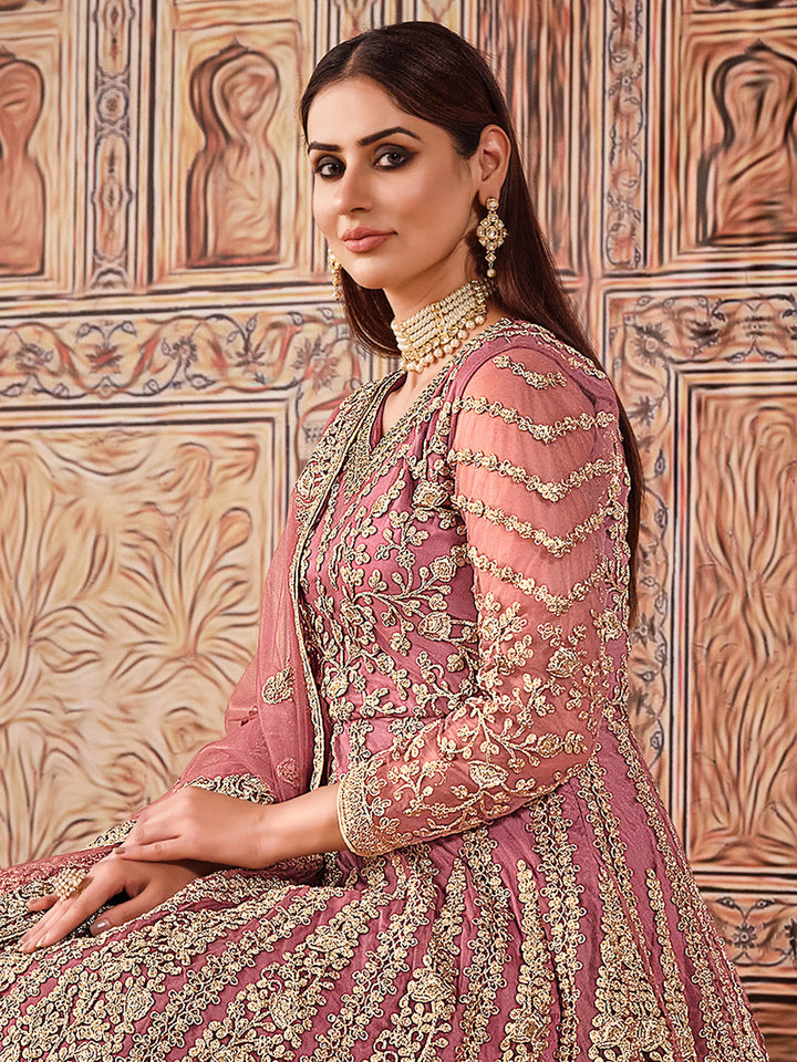 Pink Embroidered Net Semi Stitched Kurta With Chudidar Salwar &amp; Dupatta