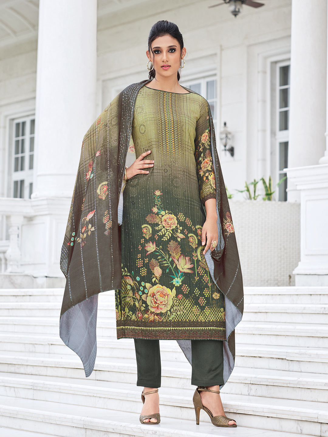 Olive Green Embroidered Muslin Semi Stitched Kurta With Pant &amp; Dupatta