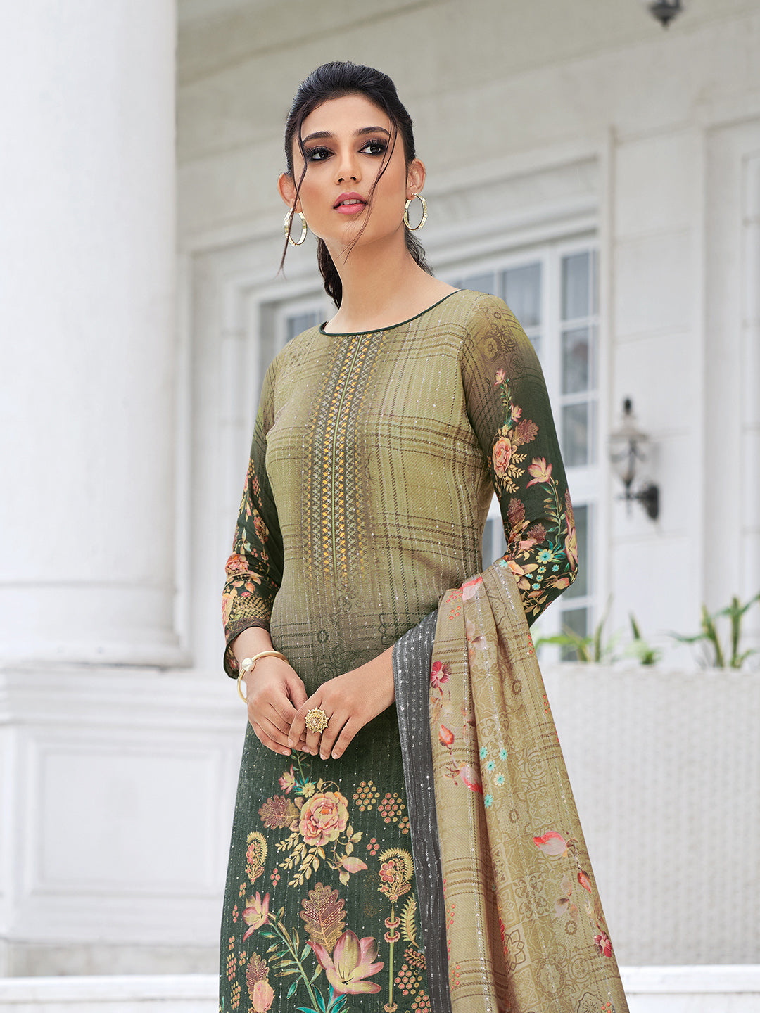 Olive Green Embroidered Muslin Semi Stitched Kurta With Pant &amp; Dupatta