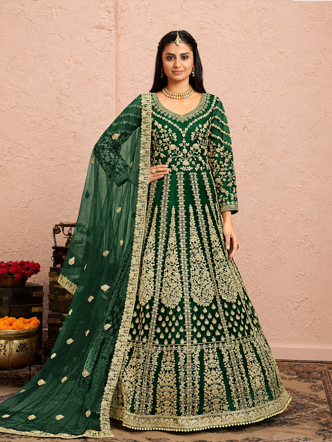 Green Embroidered Net Semi Stitched Kurta With Chudidar Salwar &amp; Dupatta
