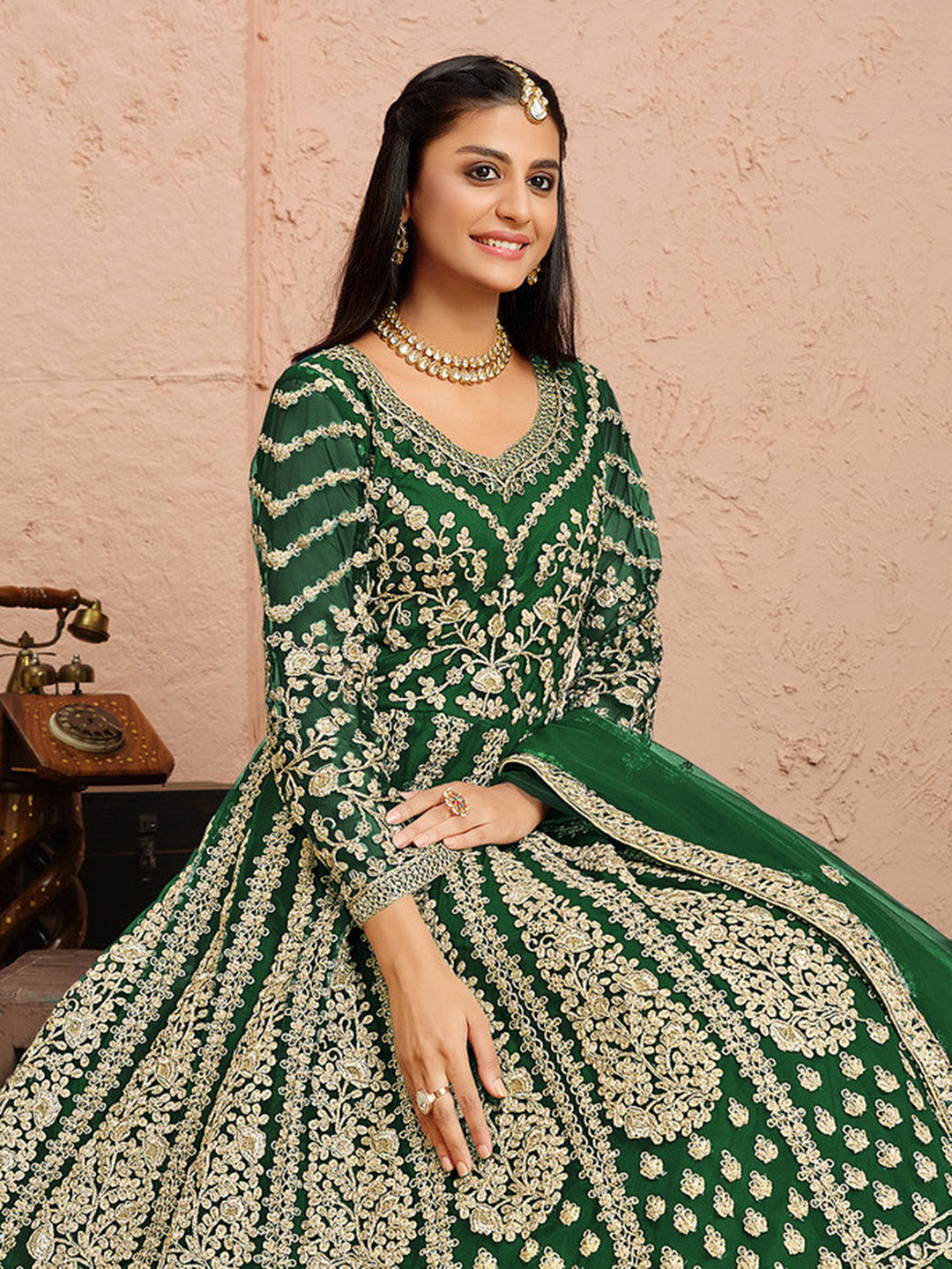 Green Embroidered Net Semi Stitched Kurta With Chudidar Salwar &amp; Dupatta