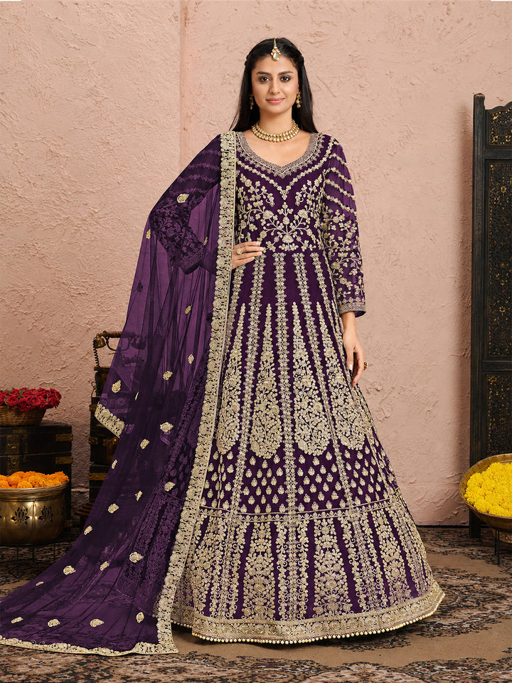 Purple Embroidered Net Semi Stitched Kurta With Chudidar Salwar &amp; Dupatta