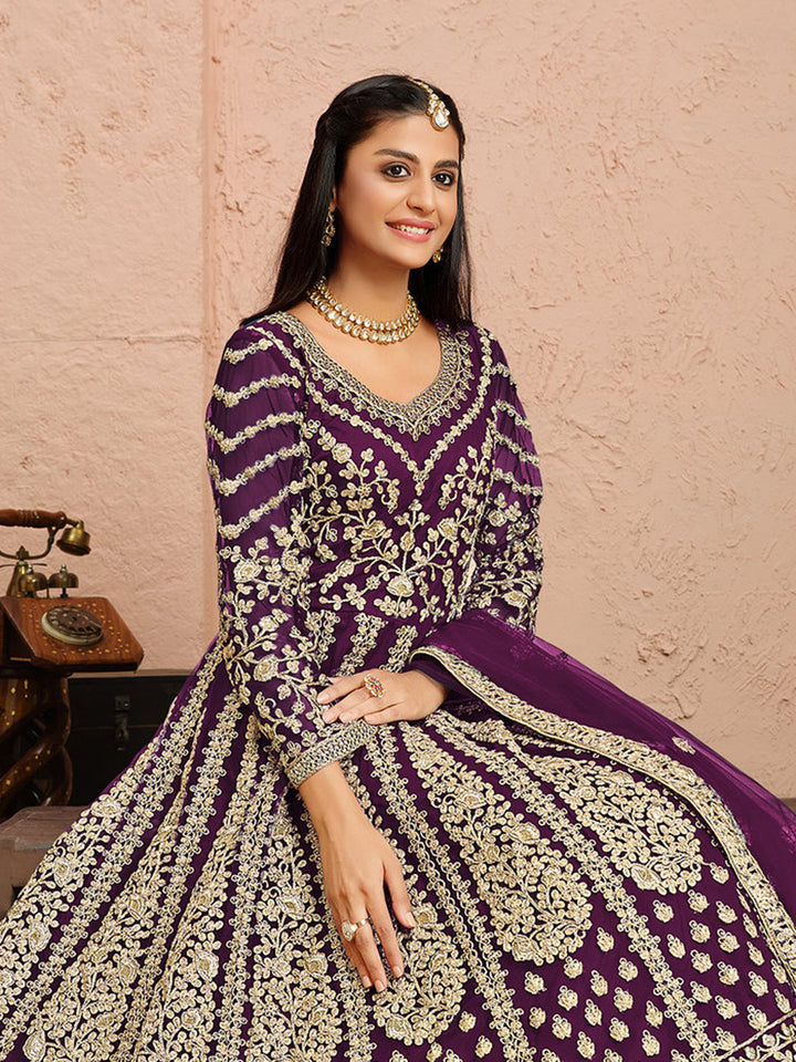 Purple Embroidered Net Semi Stitched Kurta With Chudidar Salwar &amp; Dupatta