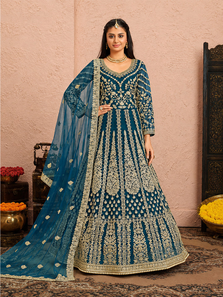 Teal Blue Embroidered Net Semi Stitched Kurta With Chudidar Salwar &amp; Dupatta