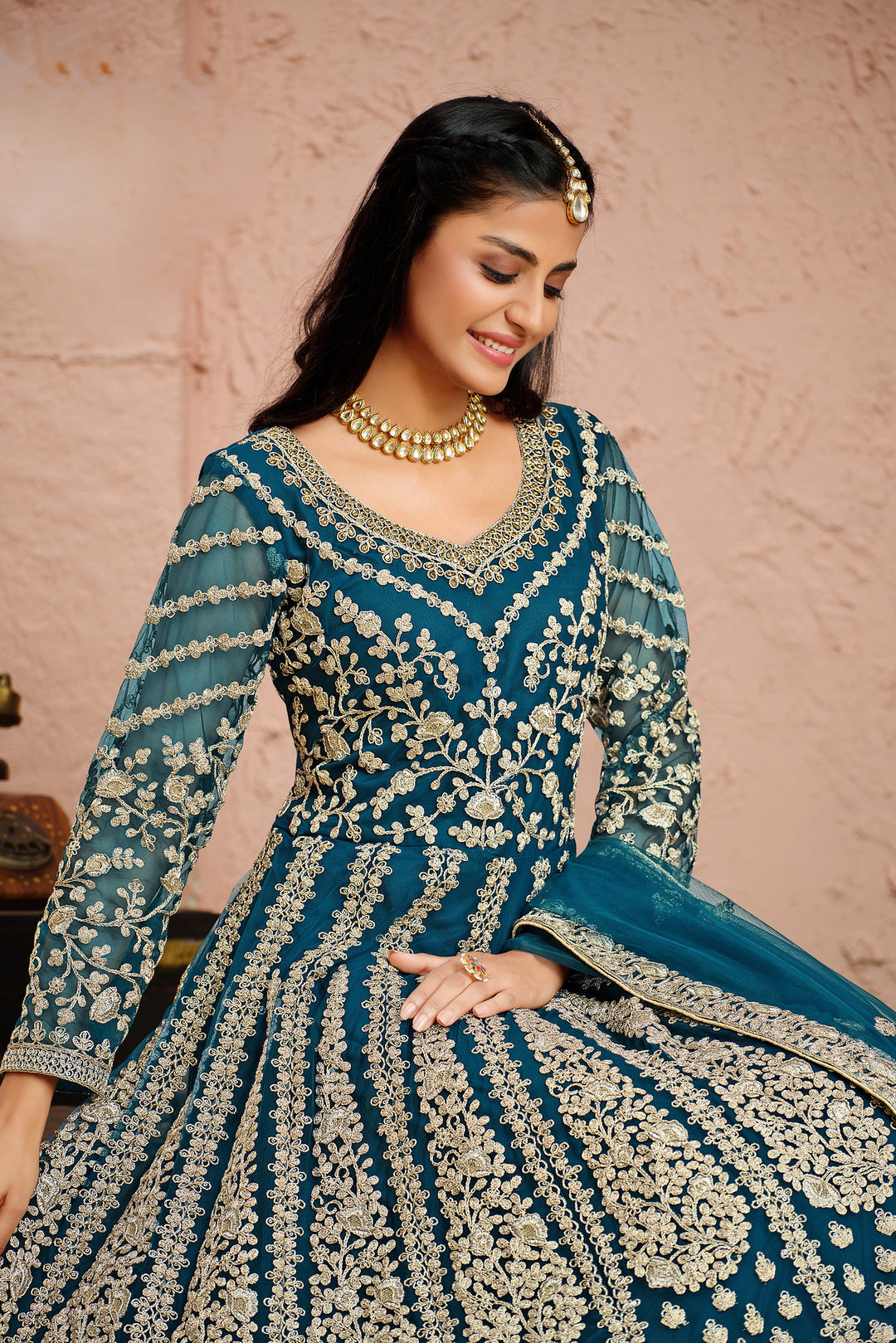 Teal Blue Embroidered Net Semi Stitched Kurta With Chudidar Salwar &amp; Dupatta