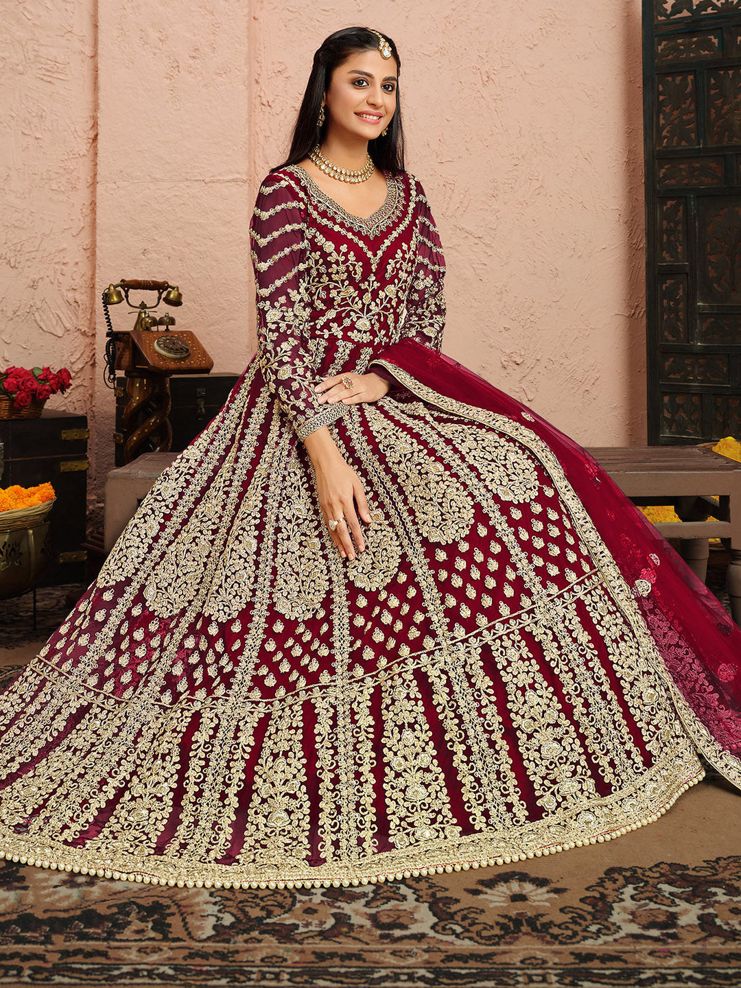 Pink Embroidered Net Semi Stitched Kurta With Chudidar Salwar &amp; Dupatta