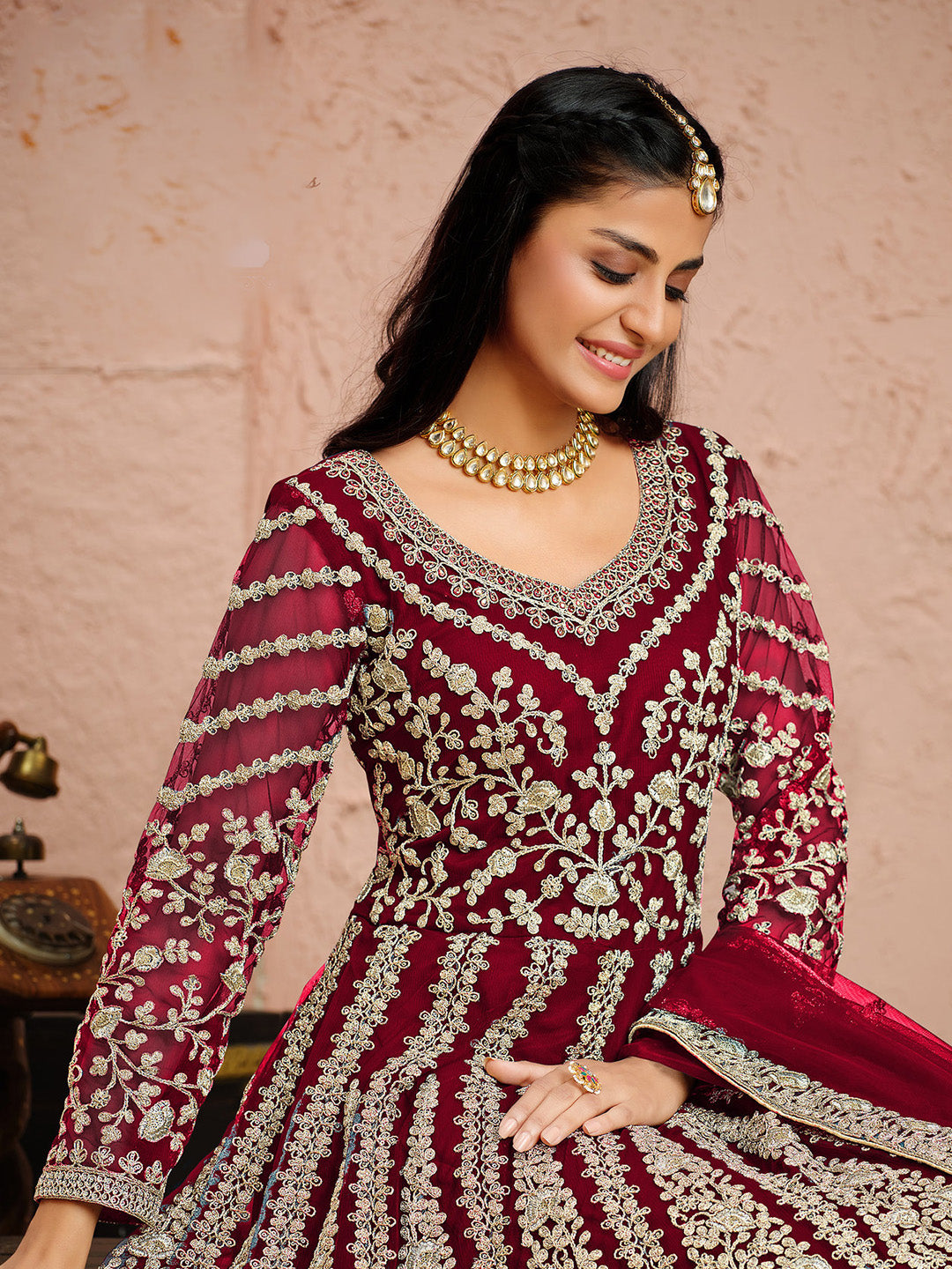 Pink Embroidered Net Semi Stitched Kurta With Chudidar Salwar &amp; Dupatta