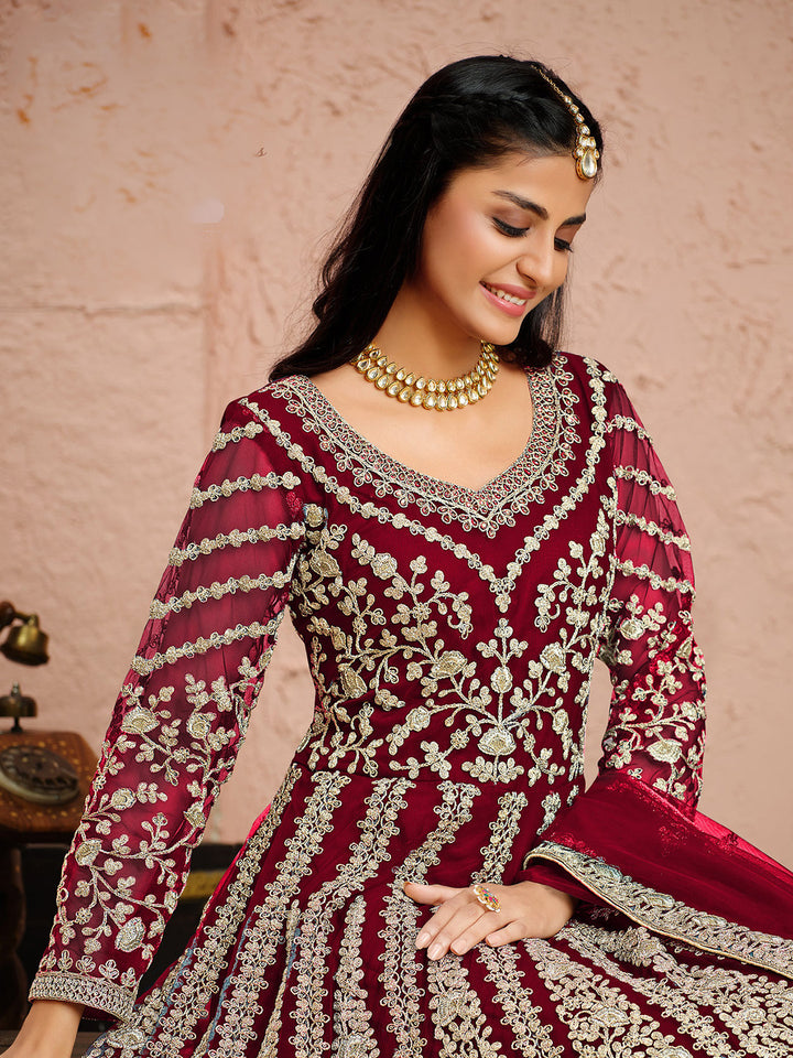 Pink Embroidered Net Semi Stitched Kurta With Chudidar Salwar &amp; Dupatta