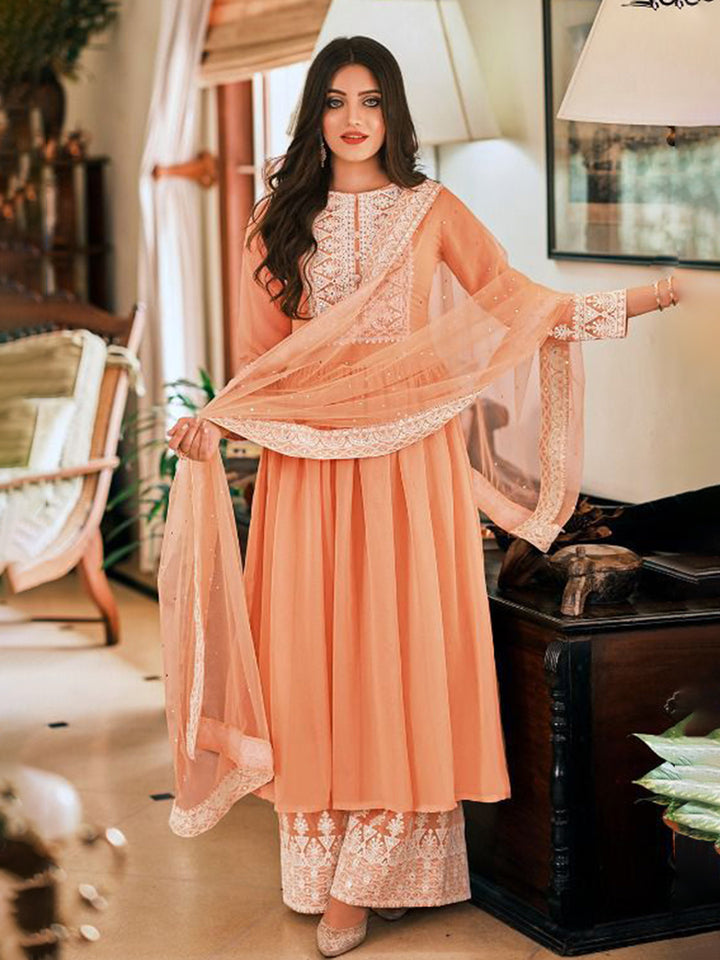 Peach Embroidered Georgette Semi Stitched Kurta Palazzo &amp; Dupatta