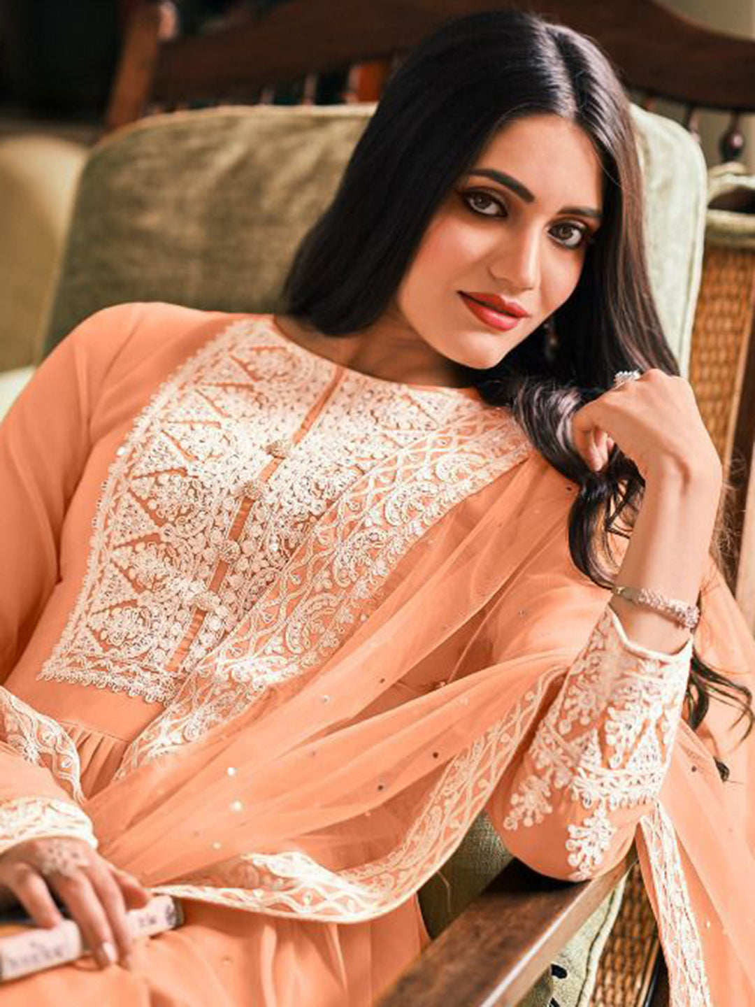 Peach Embroidered Georgette Semi Stitched Kurta Palazzo &amp; Dupatta