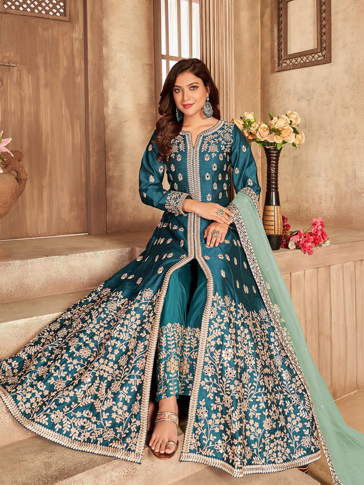 Teal Green Embroidered Art Silk Semi Stitched Kurta With Pant &amp; Dupatta