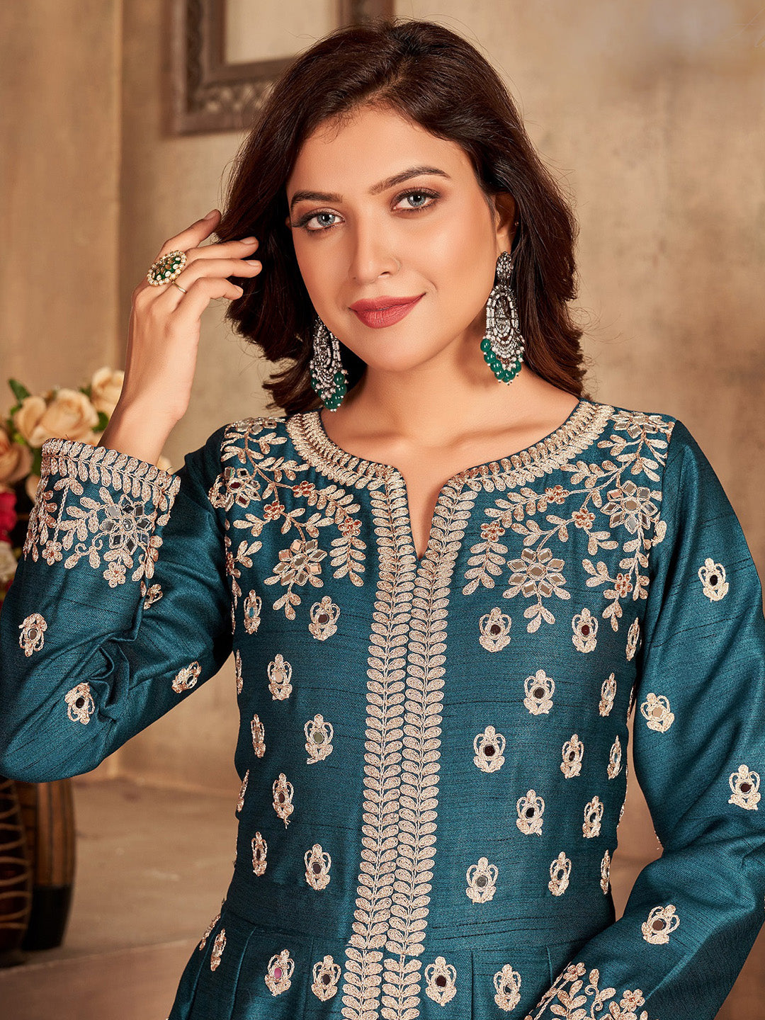 Teal Green Embroidered Art Silk Semi Stitched Kurta With Pant &amp; Dupatta