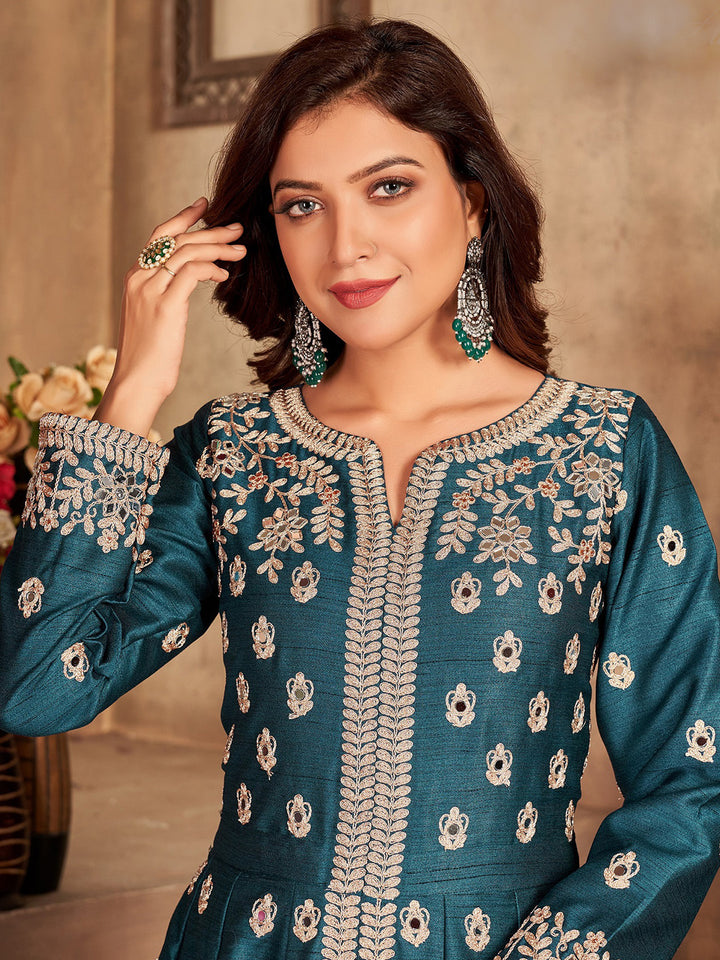Teal Green Embroidered Art Silk Semi Stitched Kurta With Pant &amp; Dupatta
