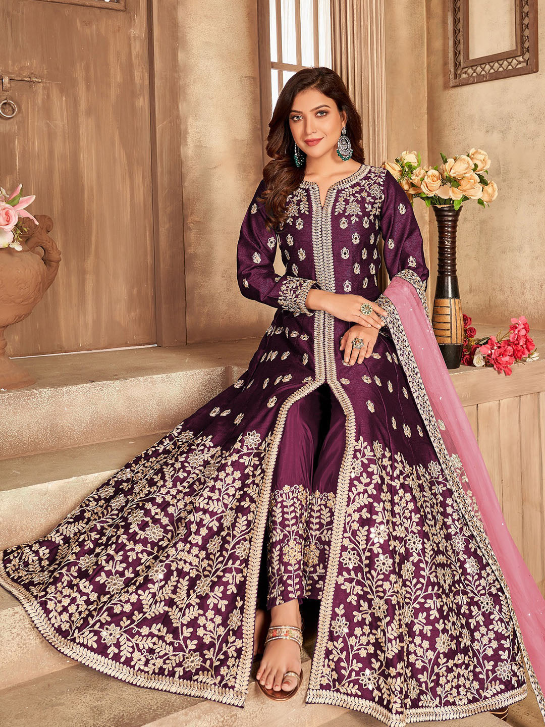 Purple Embroidered Art Silk Semi Stitched Kurta With Pant &amp; Dupatta
