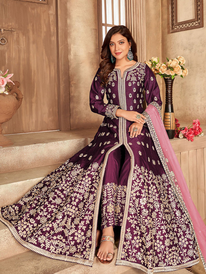 Purple Embroidered Art Silk Semi Stitched Kurta With Pant &amp; Dupatta